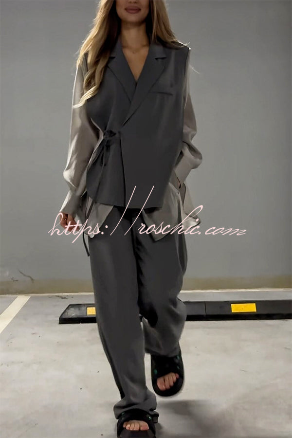 Chic and Elegant Chiffon Patchwork Irregular Lace-up Jacket and Pocketed Straight-leg Pants Set