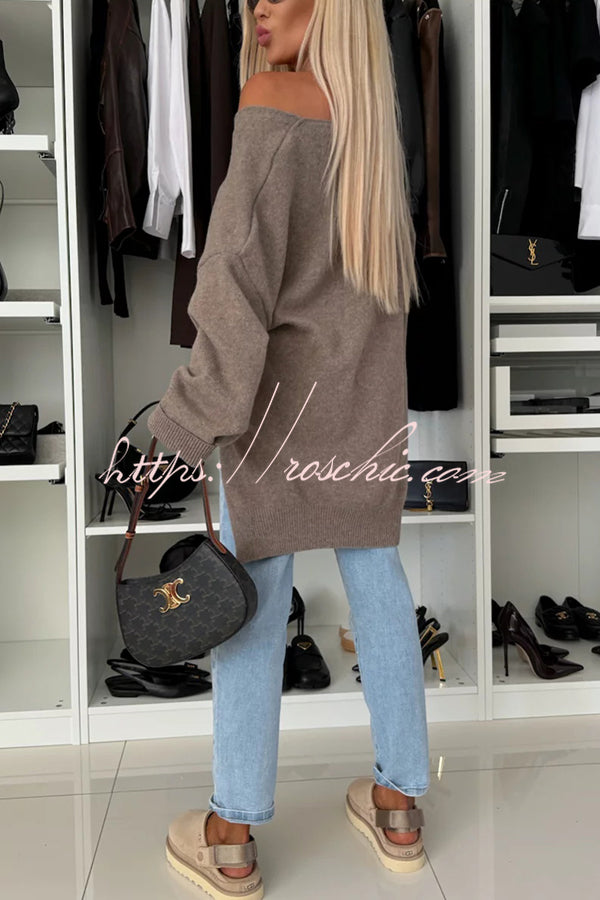 Cold Weather Knit Solid Color Long Sleeve V-neck Irregular Relaxed Sweater