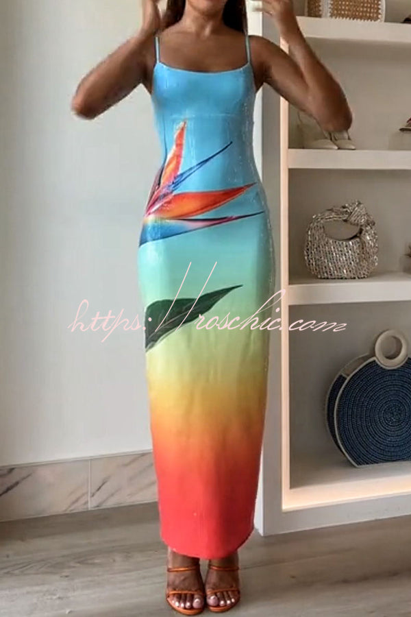 Dreamy Dreamy Sequin Unique Floral Gradient Print Slit Stretch Maxi Dress(Shipped within 24 hours)