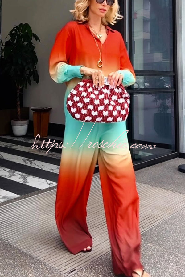 Neon Sunset Gradient Print Long Sleeve High Low Hem Blouse and Elastic Waist Loose Pants Set