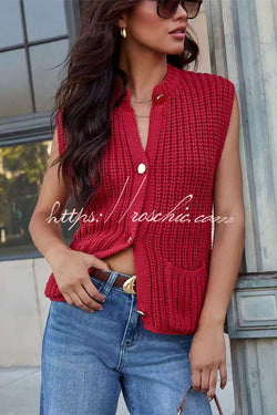 Solid Color Sleeveless Button Pocket Knit Vest