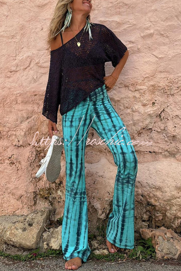 Balvin Tie Dye Print Ruched Lace-up Waist Stretch Flare Pants