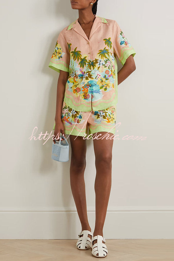 Coconut Scenery Linen Blend Tropical Print Blouse and Elastic Waist Pocketed Shorts Set