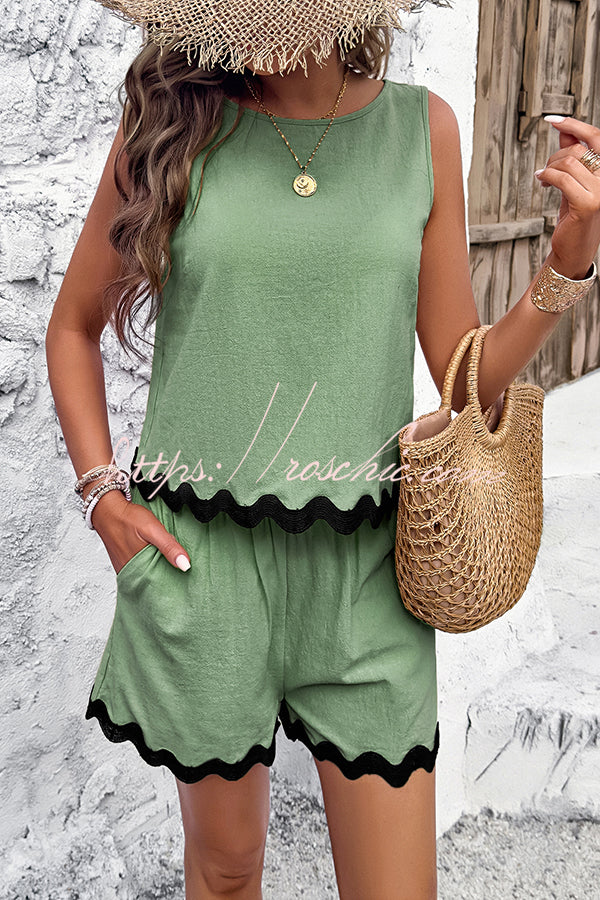 Casual Wavy Edge Buttoned Elastic Waist Shorts Set