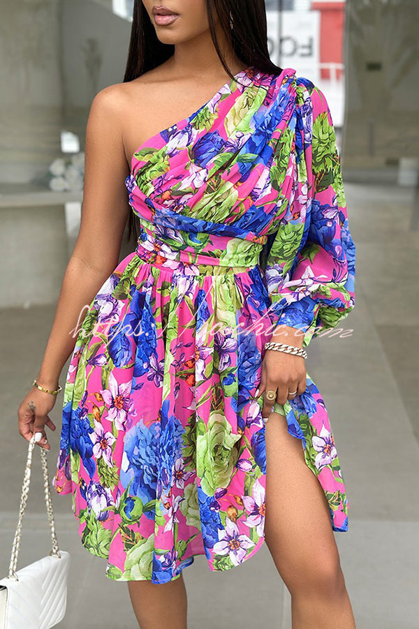 Stylish Printed One Shoulder Tighten Waist Mini Dress