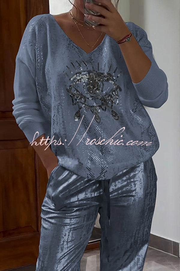 Three-dimensional Eye V-neck Long-sleeved Hot Stamping Top