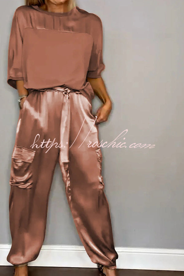 Calissa Smooth Satin Half-sleeved Top and Elastic Waist Pocket Pants Set