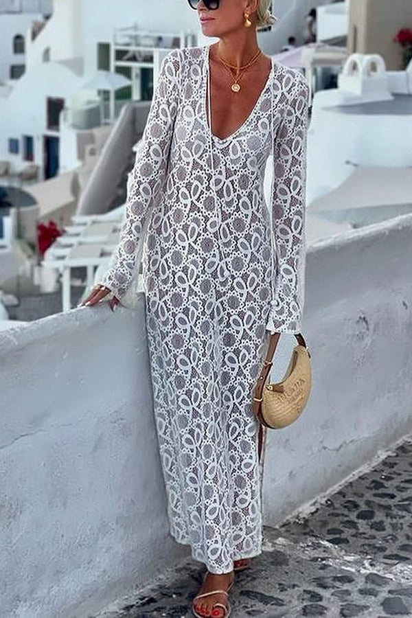 Santorini Sunset Floral Lace Long Sleeve Slit Vacation Maxi Dress roschic Santorini Sunset Floral Lace Long Sleeve Slit Vacation Maxi Dress roschic