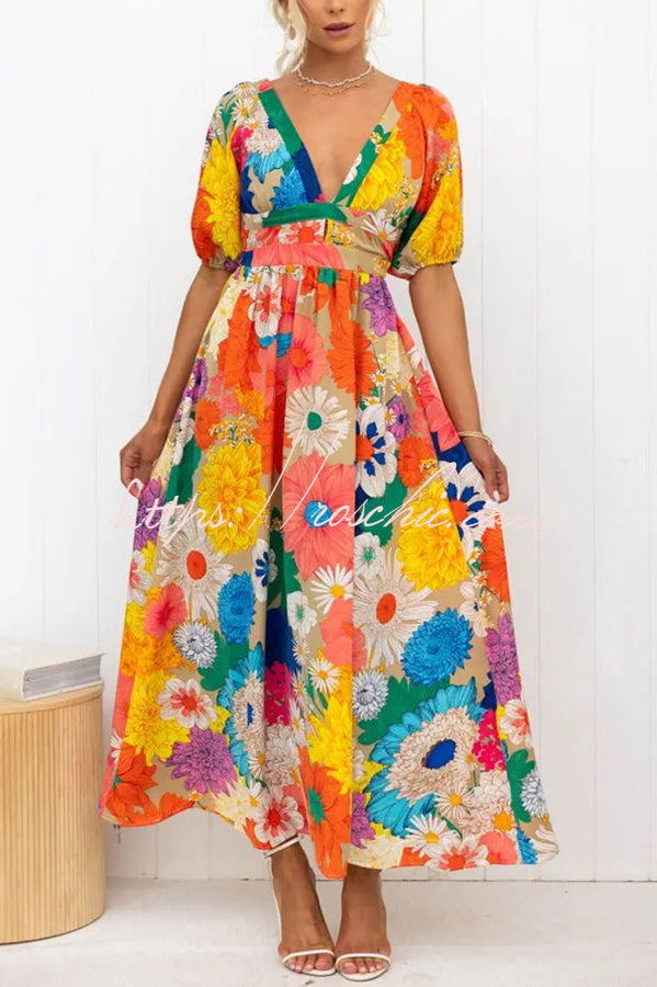 Floral Frenzy Printed Puff Sleeve Back Smocked Maxi Dress