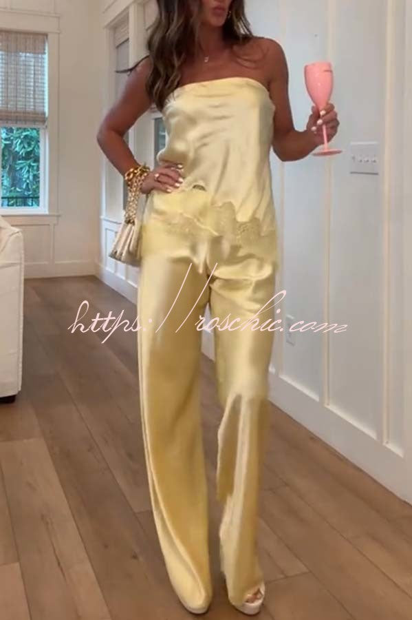 Odessa Satin Floral Lace Hem Strapless Tank and Mid Rise Wide Leg Pants Set