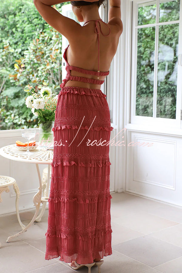 Feel Chic and Romantic Sequin Textured Material Drawstring Waist Tiered Maxi Skirt