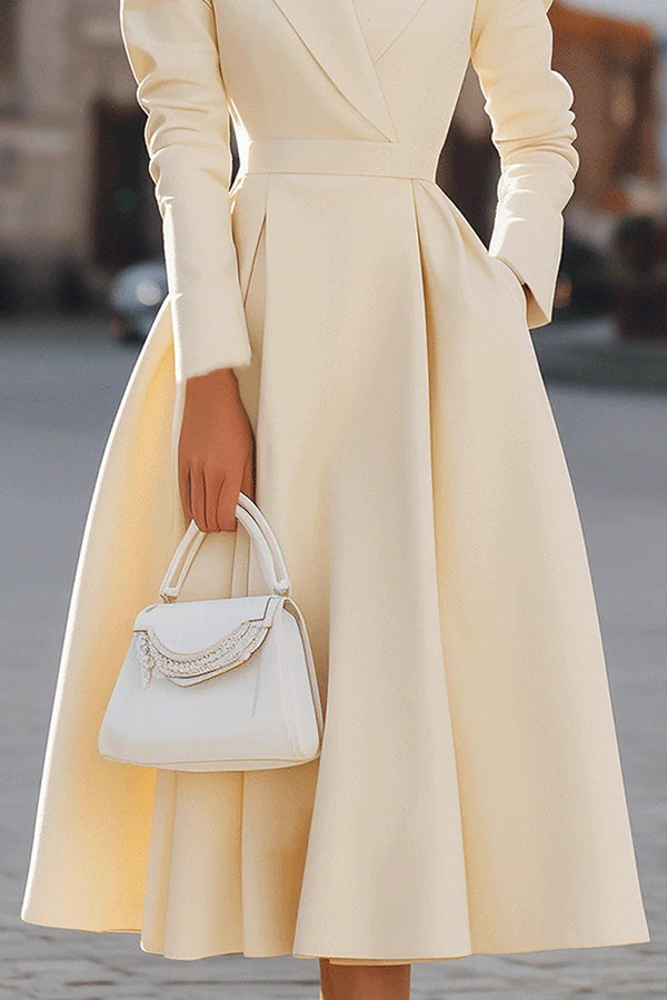 Solid Color Lapel Long Sleeve Waist Pocket Midi Dress