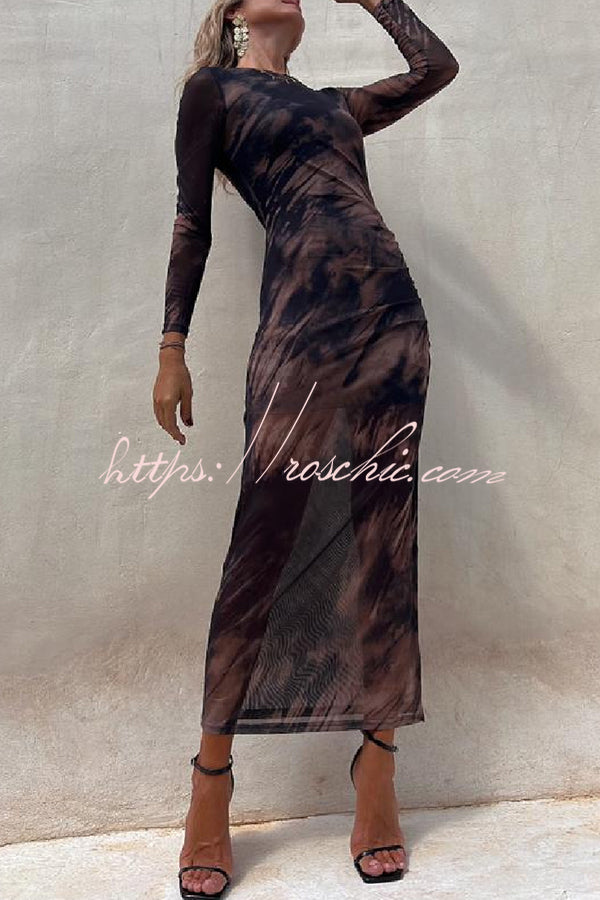 Charm Lady Mesh Overlay Tie Dye Print Long Sleeve Ruched Stretch Midi Dress