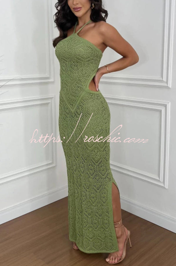 Seleia Crochet Knit Cutout Waist Texture Halter Slit Stretch Maxi Dress