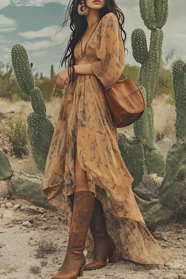 Plant Print V-neck Short-sleeved High-waist Irregular Midi Dress