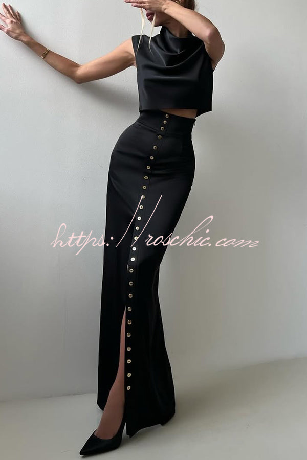 Solid Color Casual Sleeveless Crop Top and Elegant Button-down Maxi Skirt Set