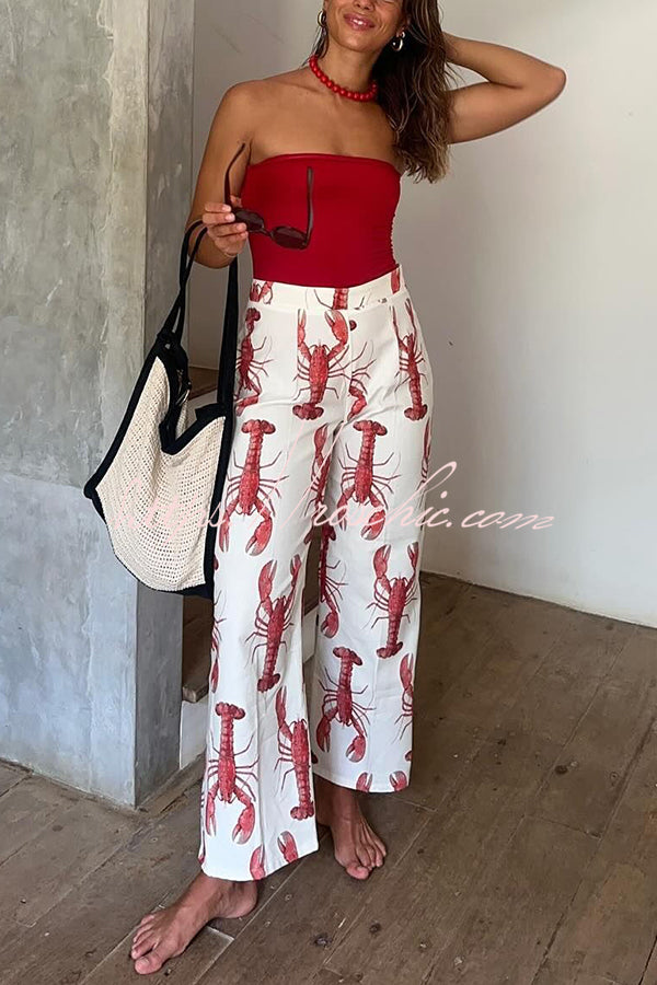 Fun Vacation Lobster Print High Rise Straight Pants