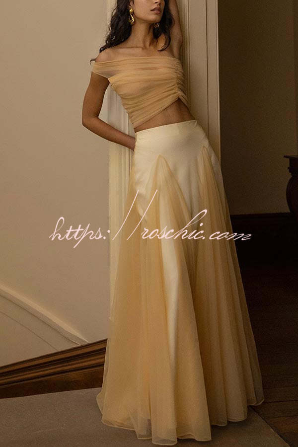 Romance Factor Satin Patchwork Tulle High Rise Elastic Waist A-line Maxi Skirt