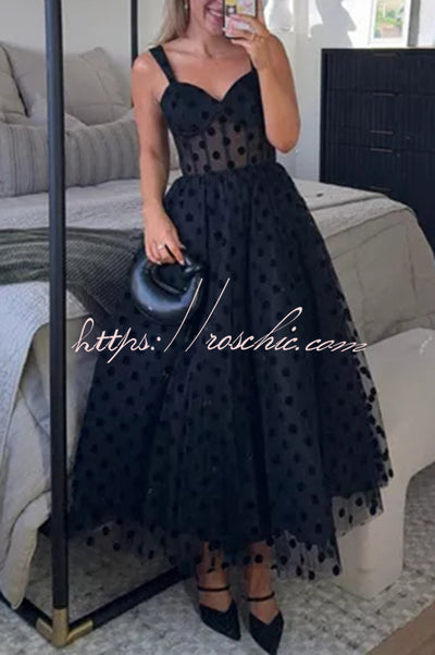 a line princess tulle dress Perfect Guest Tulle Polka Dot Sweetheart Bustier A-Line Midi Dress – roschic