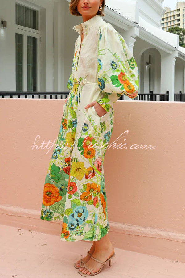 Summer Party Floral Print Balloon Sleeve Pocketed Belt Shirt Midi Dress