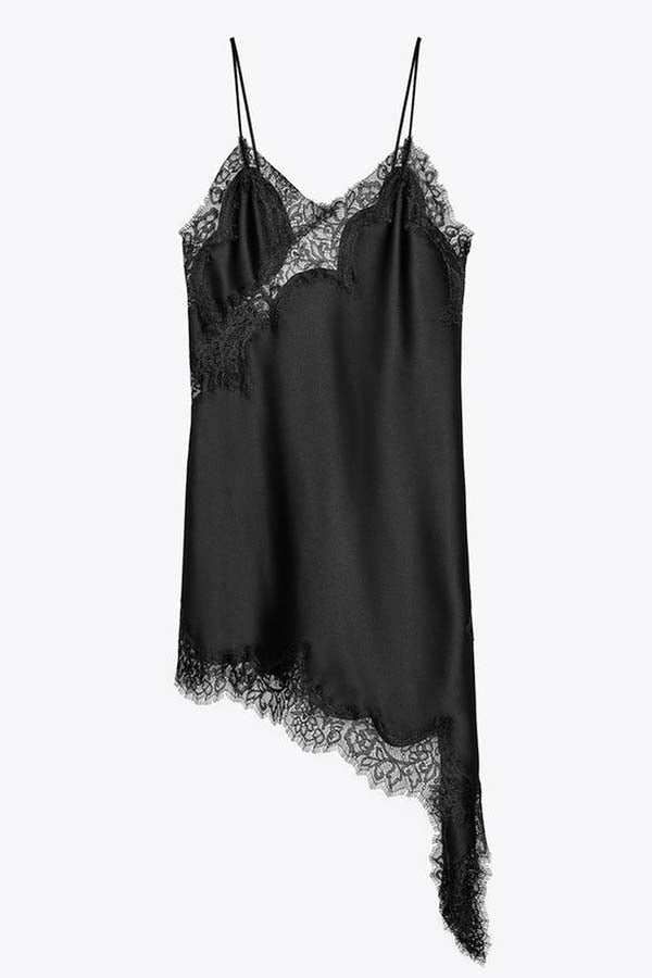 Elouise Satin Lace Trim V-neck Asymmetrical Hem Slip Mini Dress