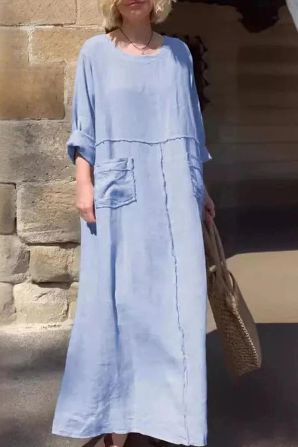 Linen Blend Solid Color Long-sleeve Paneled Pockets Loose Maxi Dress