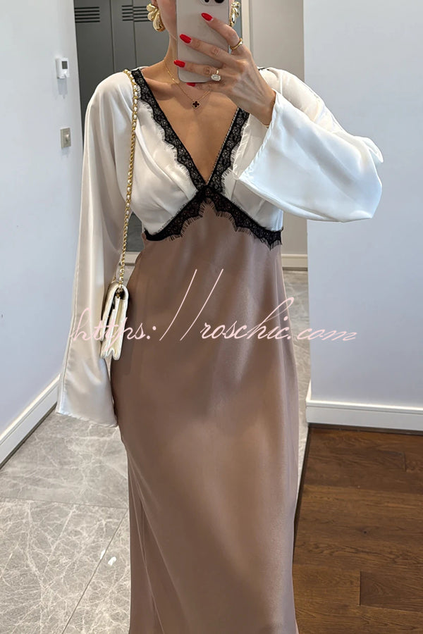 Lainei Contrast Color Satin Lace Trim V-neck Long Sleeve Maxi Dress