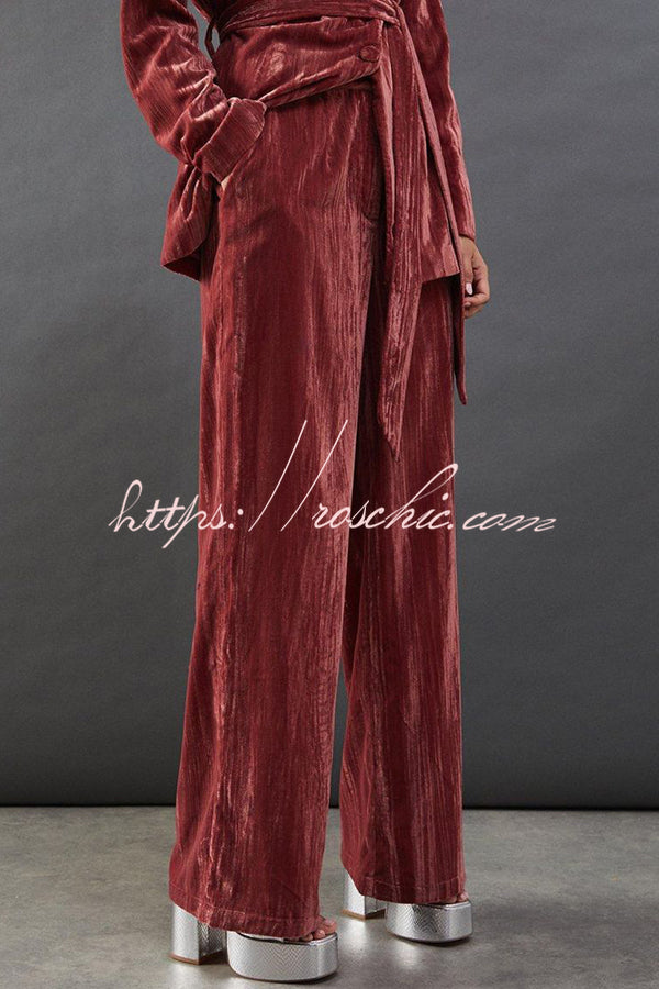 Solid Color Velvet Long-sleeved Waist Tie Top and Elastic Waist Casual Pocket Straight-leg Pants Set