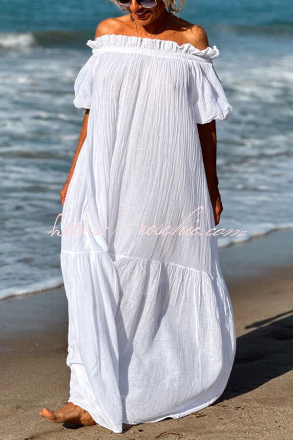 Havana Linen Blend Ruffle Off Shoulder Puff Sleeve A-line Maxi Dress