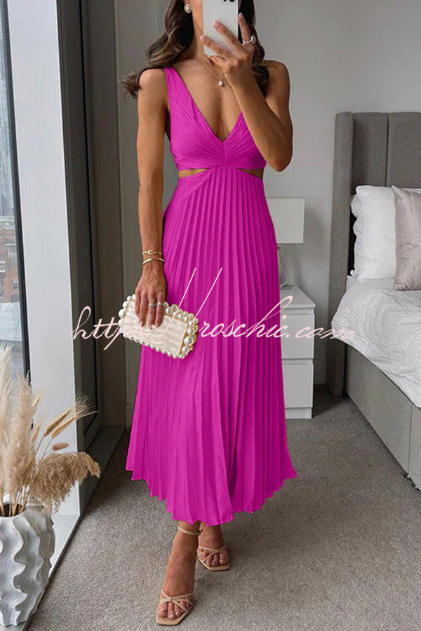 Summer Social Stain Pleated Cutout Waist Loose Midi Dress – roschic