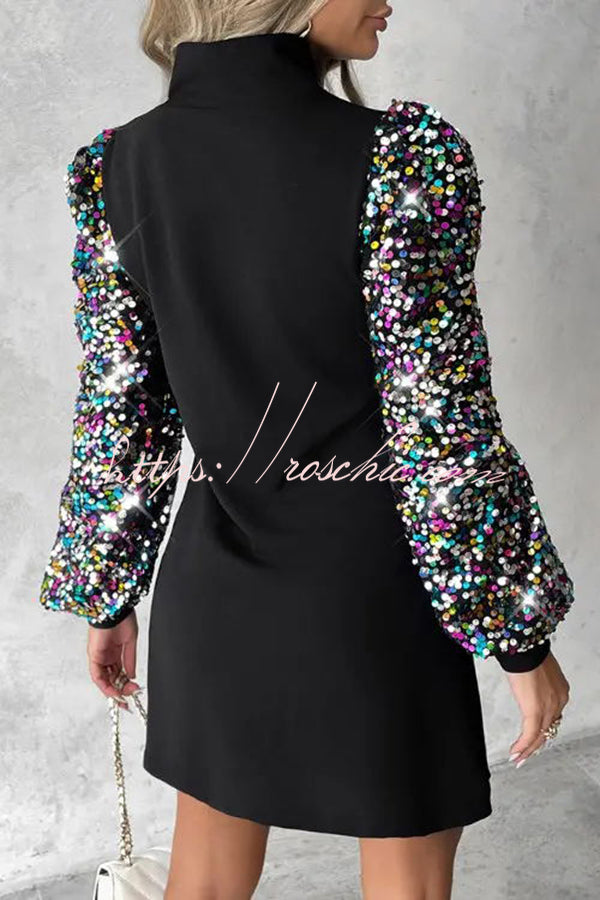 Color Block Turtleneck Balloon Sleeves Sequined Button Mini Dress