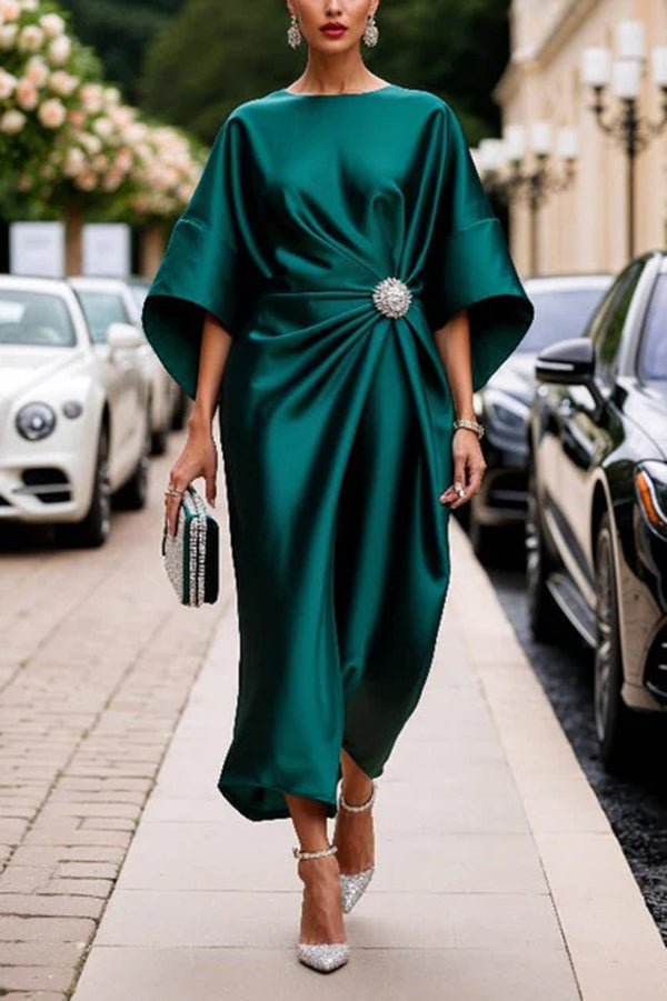 luxury crew neck dresses DOLLY Luxury Retro Style Crew Neck One Shoulder Ruffle Sleeves Midi Office Dress-CLAUDI 2XL / Pink