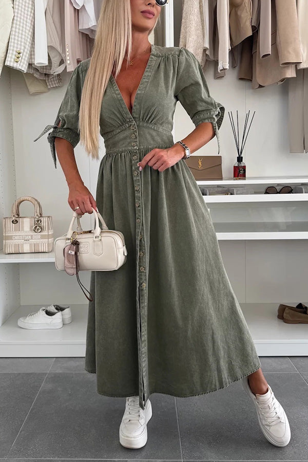 knee length dresses for ladies Indigo Cotton Denim V-Neck Fit and Flare Midi Dress 30