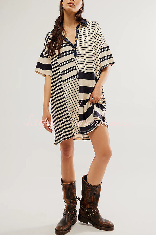 Contrast Striped Patchwork Denim Lapel Loose Casual Mini Dress