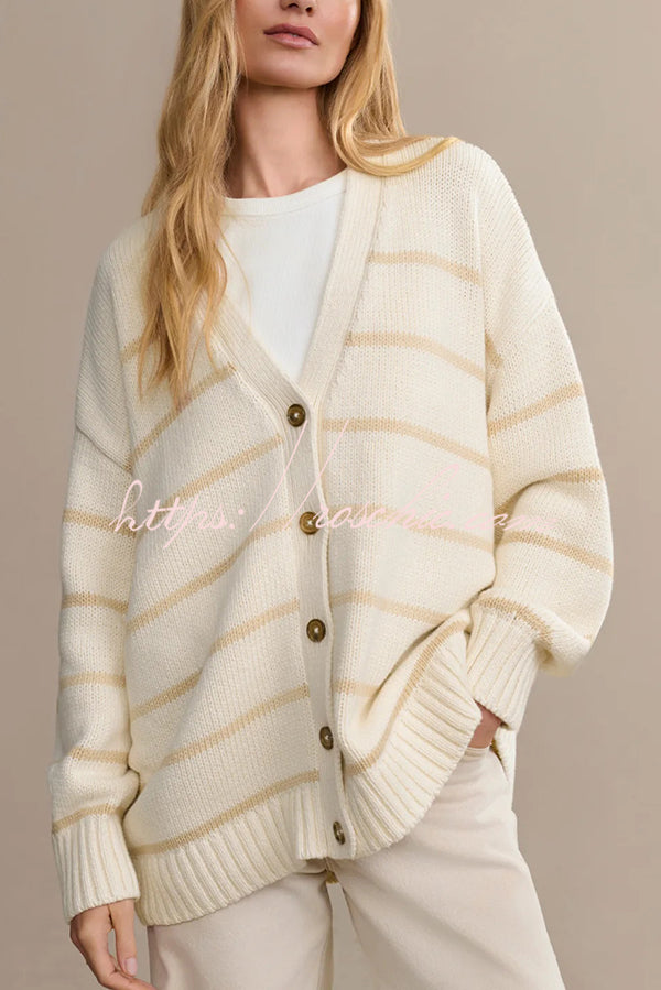 Striped Loose V-neck Long-sleeved Casual Knit Cardigan