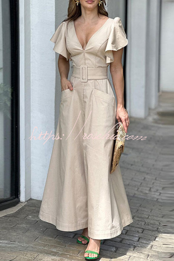 Solid Ruffle Sleeve V Neck High Waist Pocket Maxi Dress