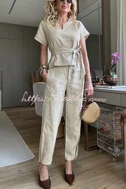 Emory Linen Blend Tie-up Short Sleeve Top and Elastic Waist Pocket Button Hem Pants Set