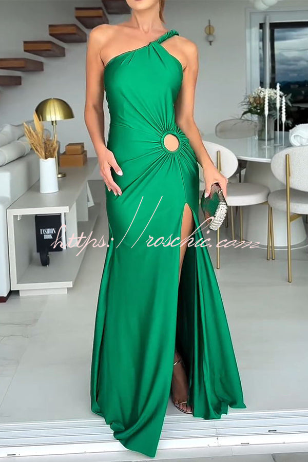 Ermia Satin Twist Ruched One Shoulder Cutout Detail Slit Maxi Dress