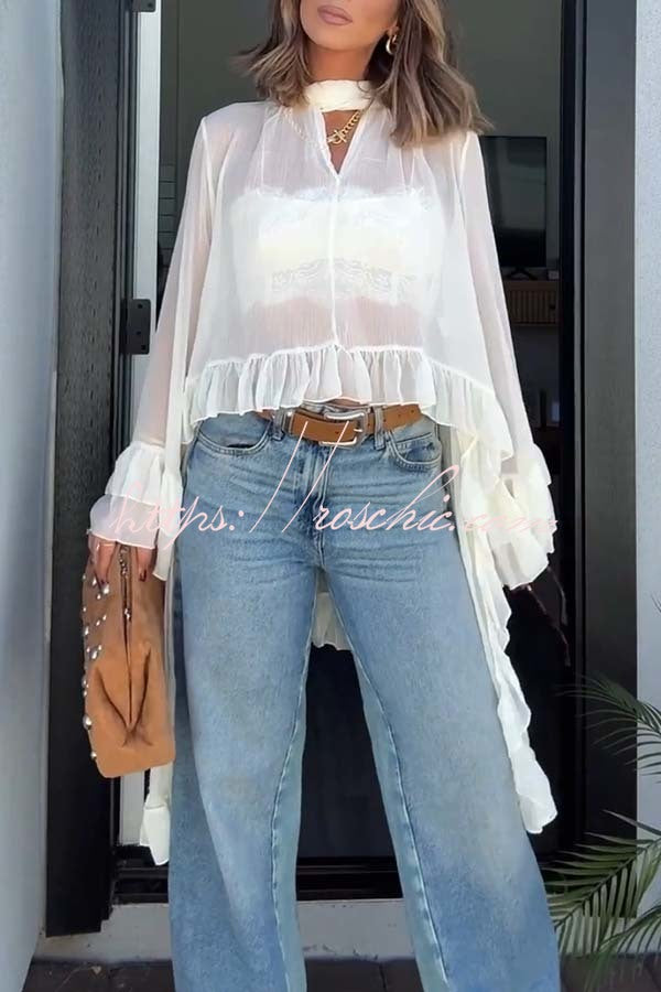 Flowy See-through Ruffle Tie-up Neck Bell Sleeve High-low Hem Cape Shirt