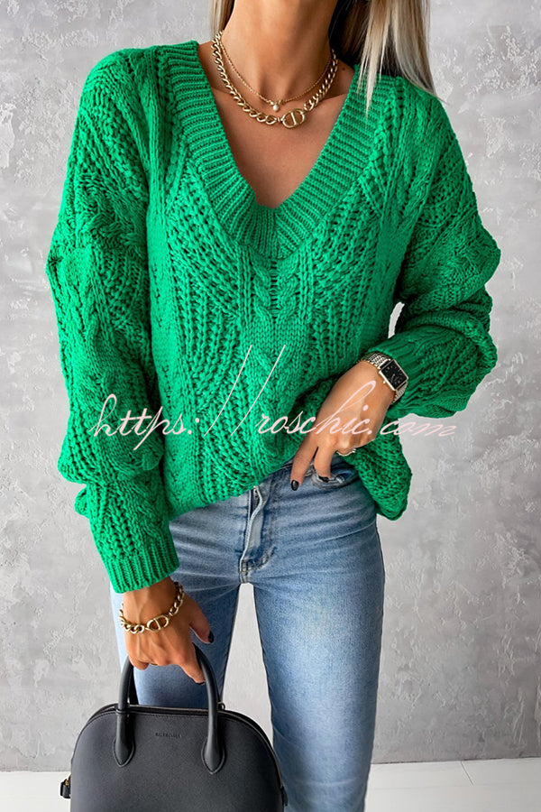 Olivier Hollow Twisted Cord V Neck Long Sleeved Sweater