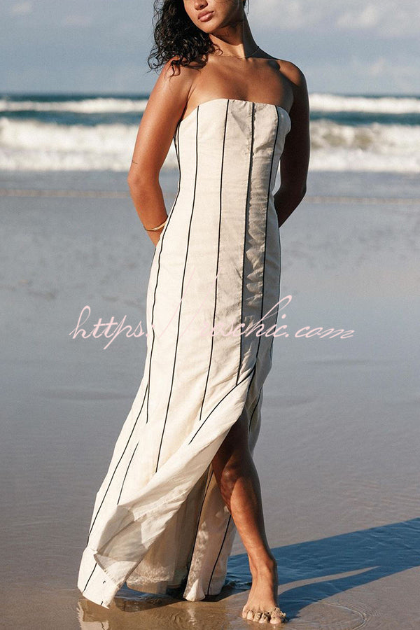 Ravello Linen Blend Stripe Print Strapless A-line Slit Maxi Dress