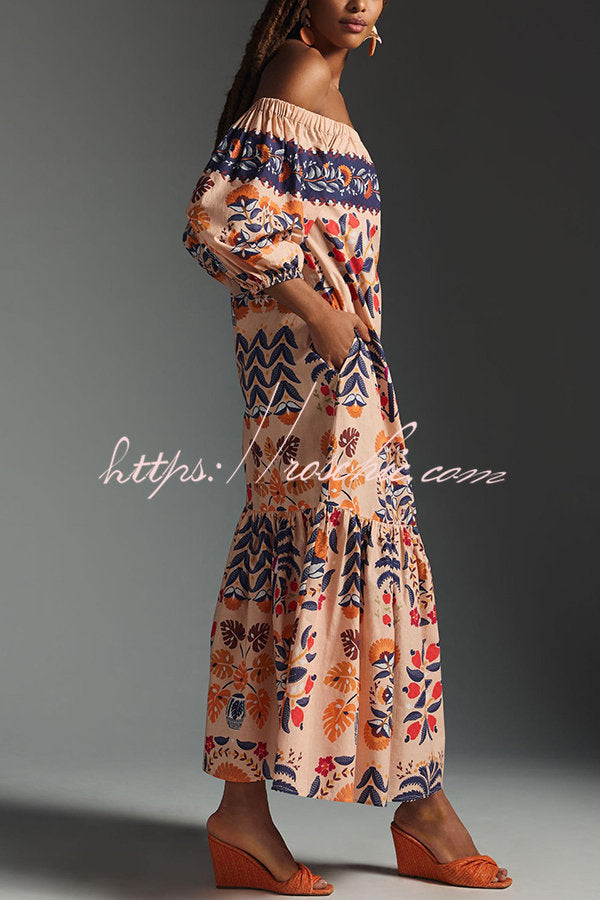 Island Lover Printed Off The Shoulder Pocketed Flowy Midi Dress – roschic