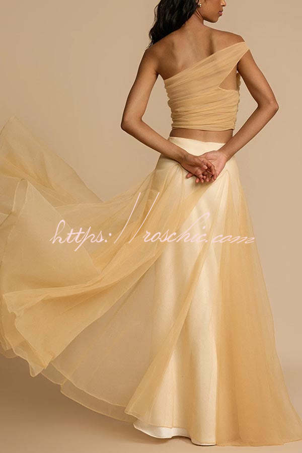 Romance Factor Satin Patchwork Tulle High Rise Elastic Waist A-line Maxi Skirt