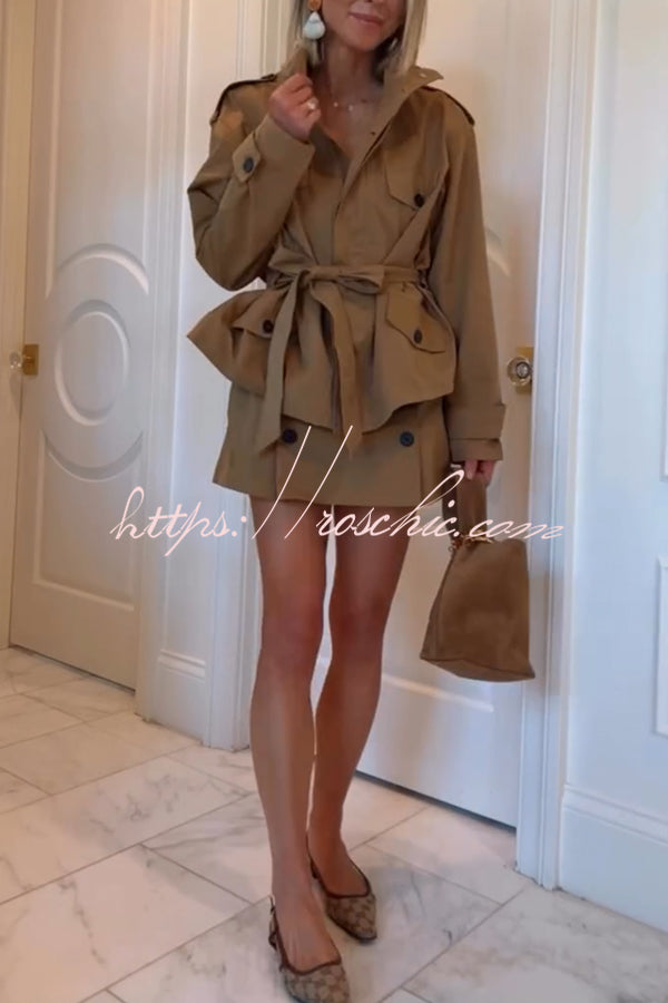 Chic Comfort Epaulettes Contrast Buttons Pocket Belt Cropped Trench Coat