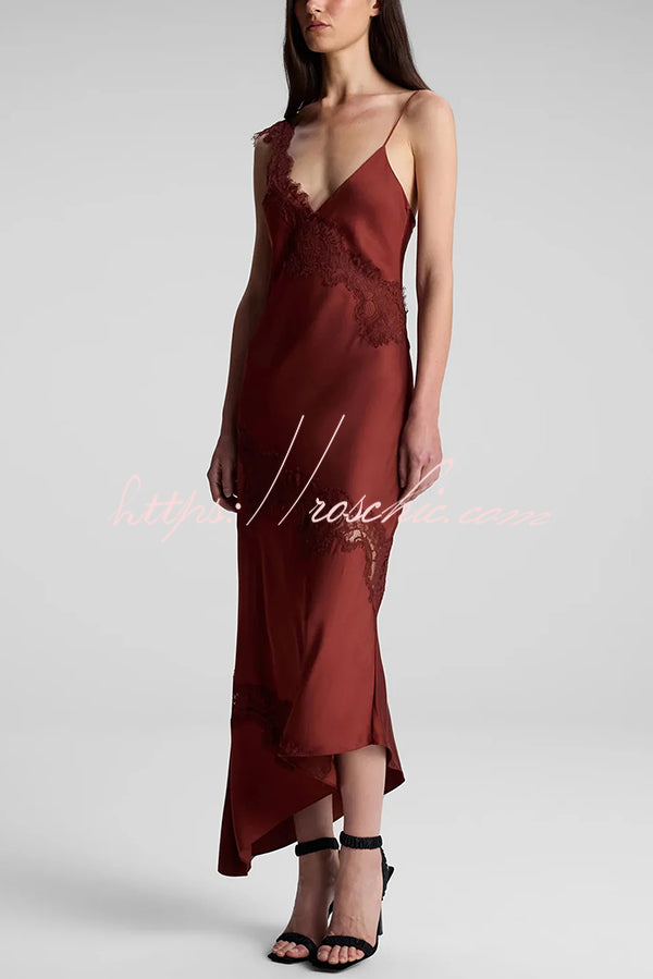 Sexy Lace Stitching Suspender V-neck Asymmetrical Maxi Dress