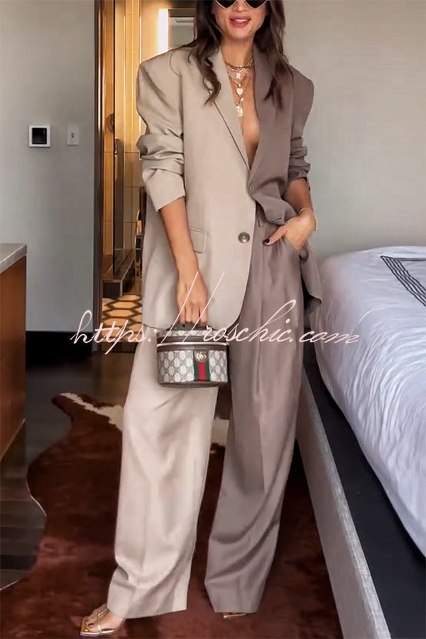 Girl Boss Avant-garde Contrast Colors Lapel Boyfriend Blazer and Pocketed Wide Leg Pants Set