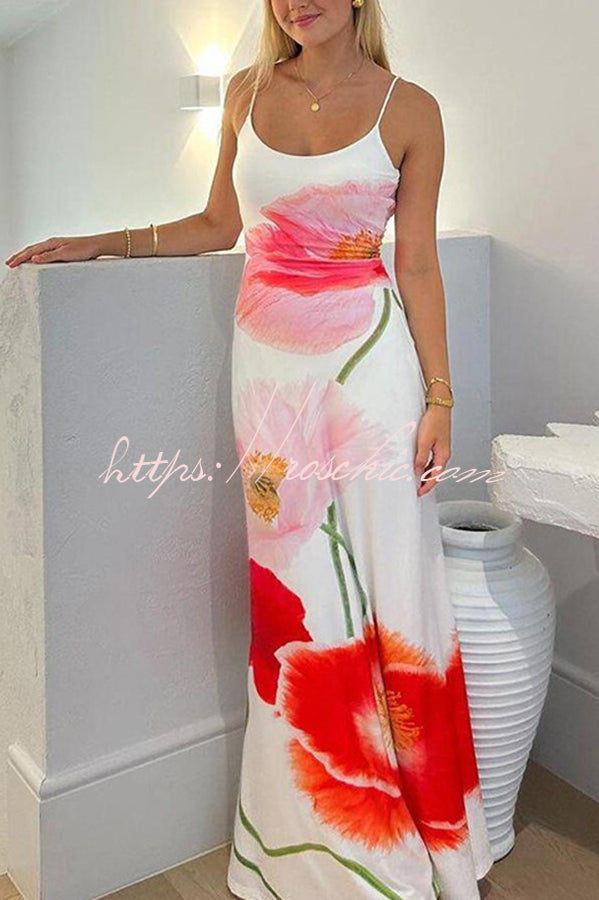 Romantic Beginnings Poppy Blossom Slip Floral Stretch Vacation Maxi Dress