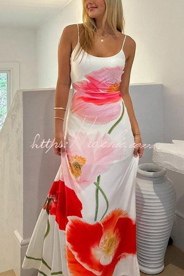 Romantic Beginnings Poppy Blossom Slip Floral Stretch Vacation Maxi Dress