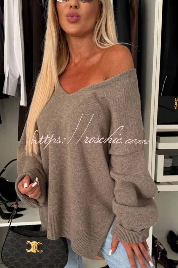 Cold Weather Knit Solid Color Long Sleeve V-neck Irregular Relaxed Sweater