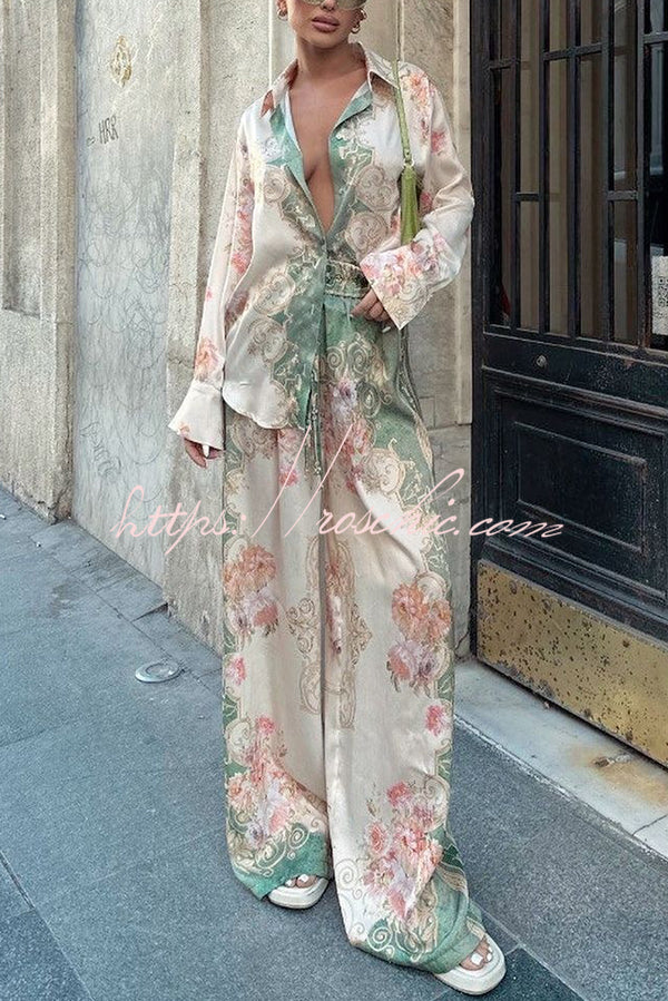 Antibes Satin Court Unique Printed Long Sleeve Loose Shirt and Elastic Waist Pants Set